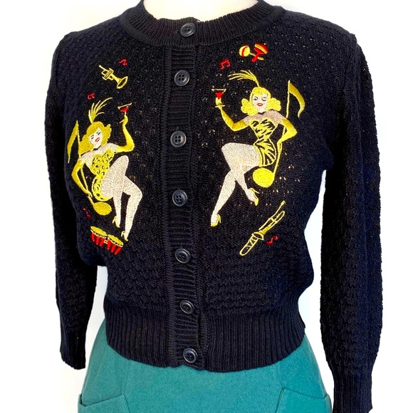 ♥️ Showgirls Cardigan in Black size Large, embroidered pin up sexy - Picture 2 of 6